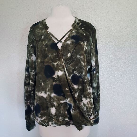 Rock & Republic Tops - Rock & Republic Army Green Tie Dye Wrap Front Long Sleeve V-neck Blouse Size XL